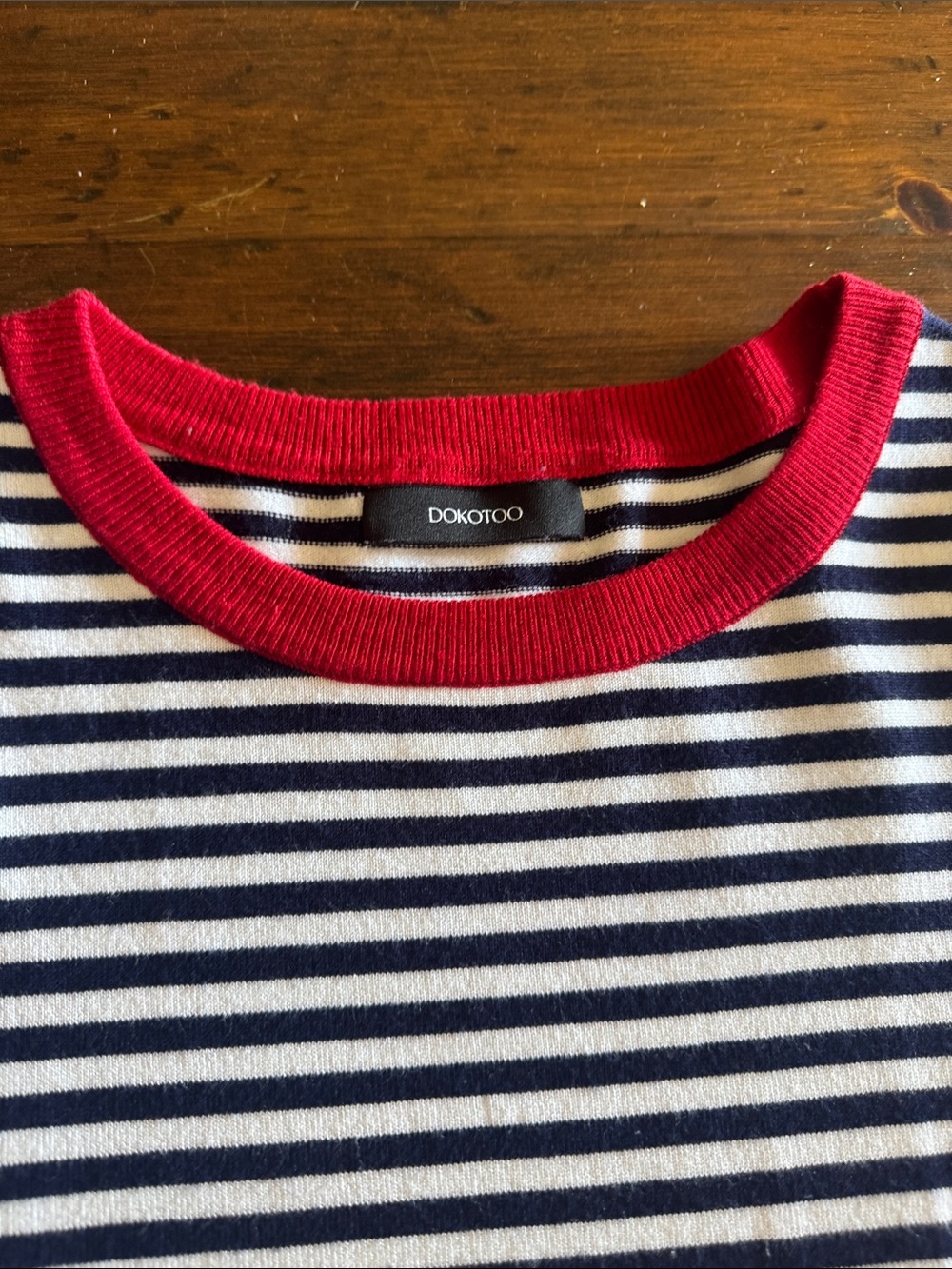 Women’s Striped Short Sleeve Top with Red Trim - Picture 2 of 4